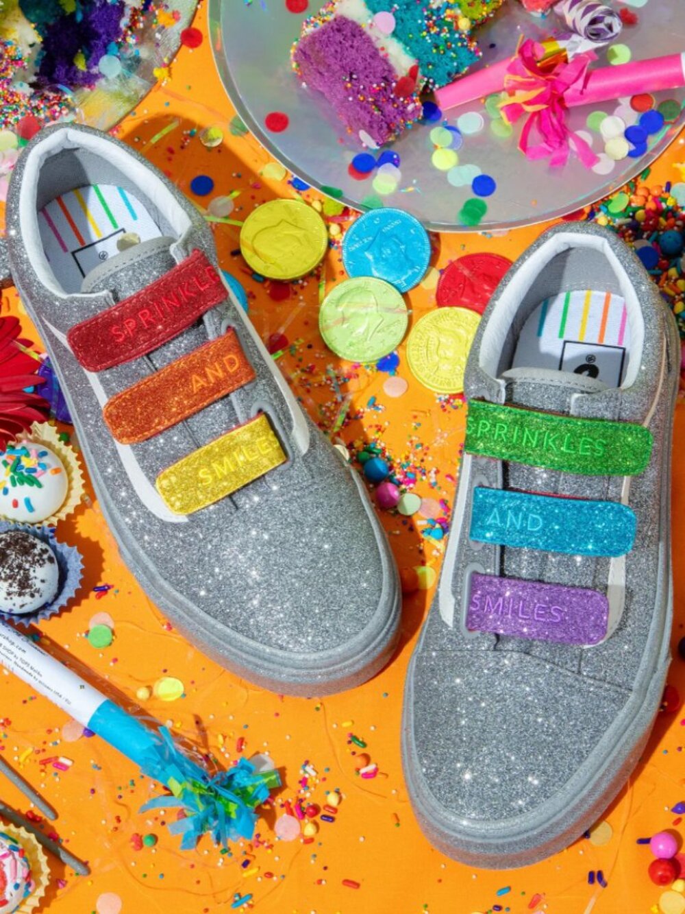 Vans x Flour Shop Old Skool V Silver Rainbow Glitter Velcro Sneakers Size W6